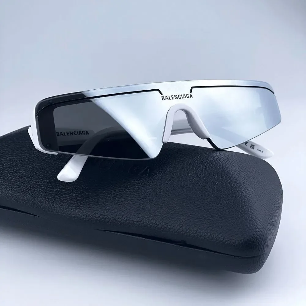 NEW Balenciaga BB0003S 002 White Silver Grey Mirrored Unisex Sunglasses